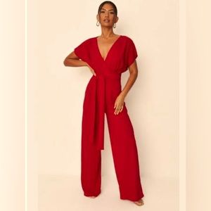 Find Me V Neck Belted  Red Jumpsuit